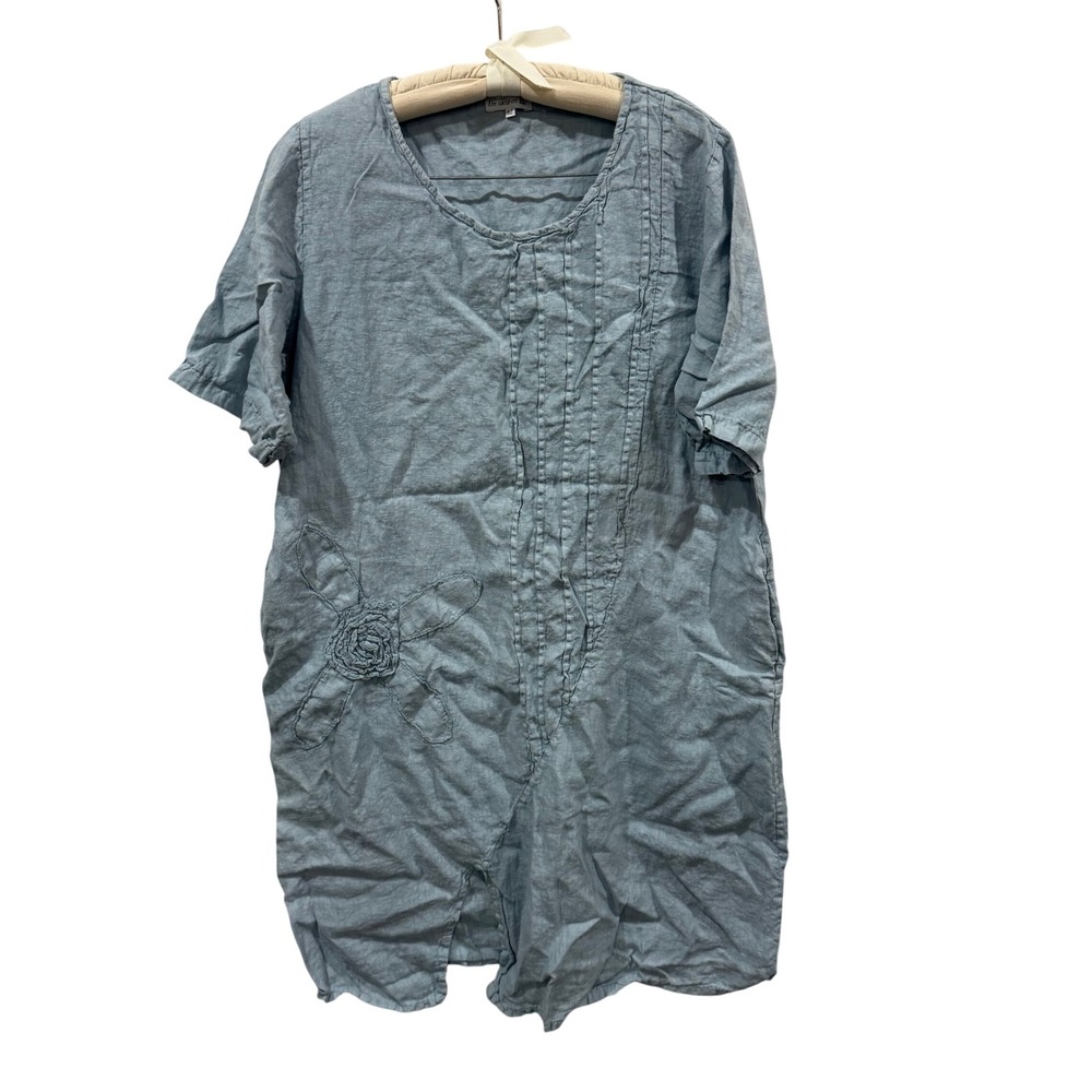 Un Coeur en Ete Blue 100% Linen Floral Applique Tunic Top Dress Size 52 EU